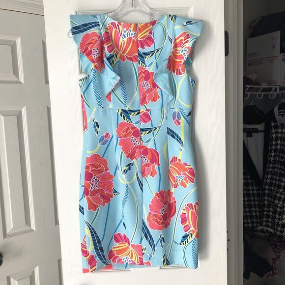 Trina Turk 4 Flutter Sleeve Printed Linzy Dress Sheath‎ Floral Coastal Beach - Picture 7 of 8